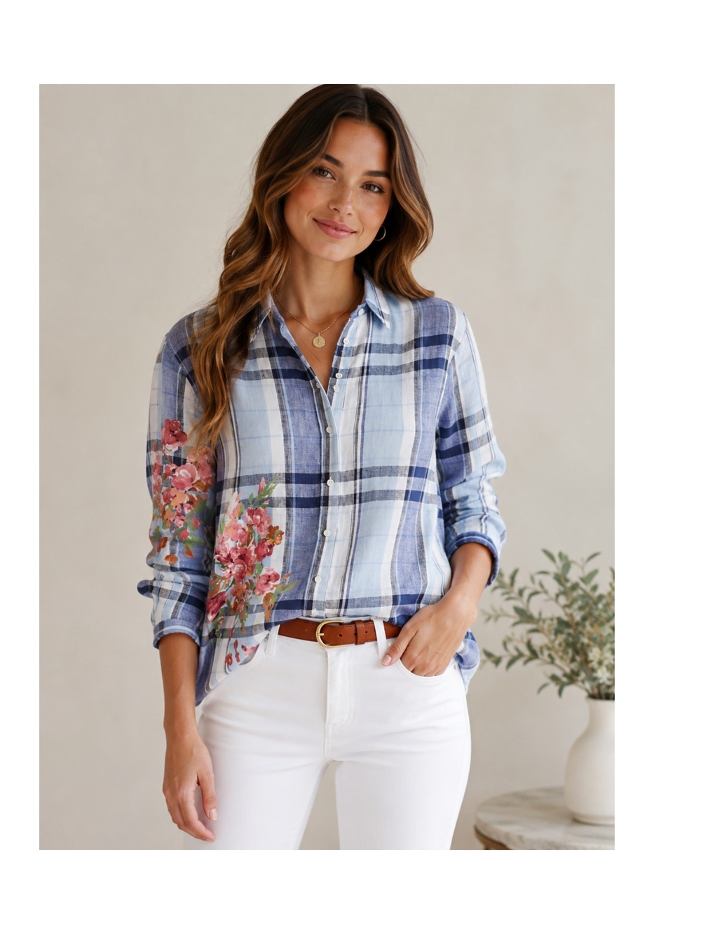 Ralph Lauren Women’s Linen Plaid Floral Paint Button Down Shirt Sz Medium
